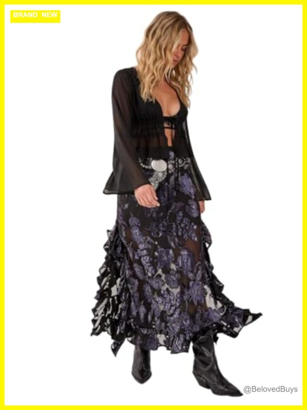Floral Devore Ruffle Maxi Skirt Semi-Sheer Asymmetric Hem Night Out
